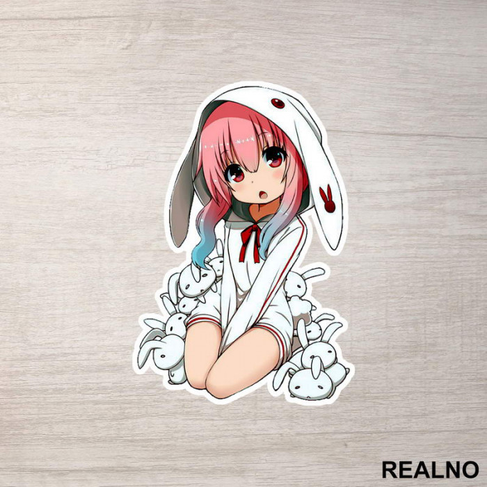 Cute Anime Girl With Rabbits - Anime - Nalepnica