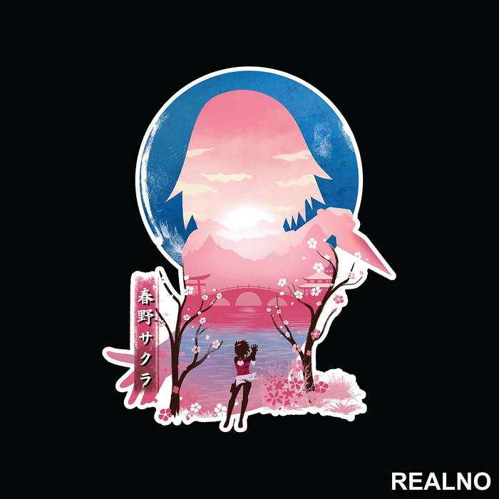 Sakura - Pink Silhouette With Flowers - Naruto - Nalepnica