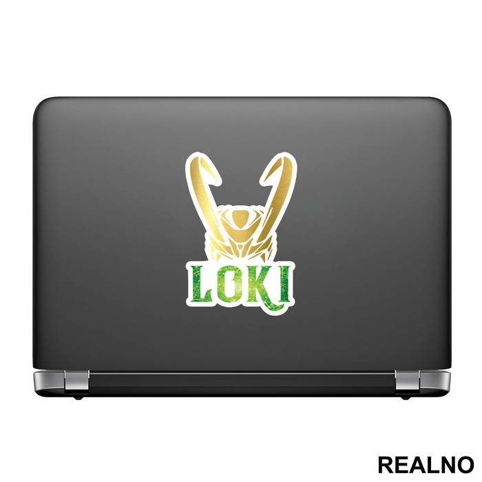 Golden Helmet And Logo - Loki - Avengers - Nalepnica