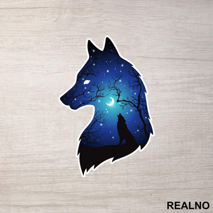 Silhuette Of Wolf Moon And Stars - Vuk - Životinje - Nalepnica