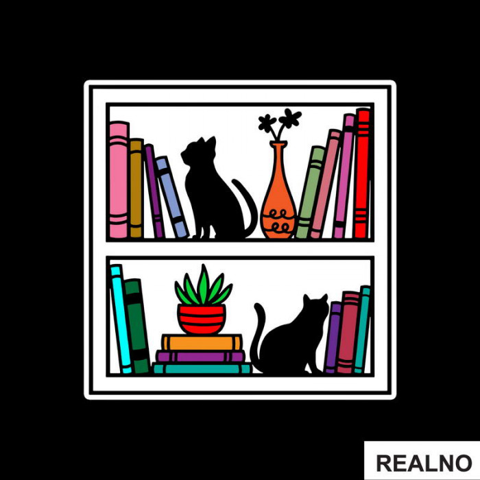 Cat And Books On The Shelf - Books - Čitanje - Knjige - Nalepnica