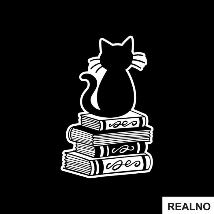 Cat And Books - Illustration - Books - Čitanje - Knjige - Nalepnica