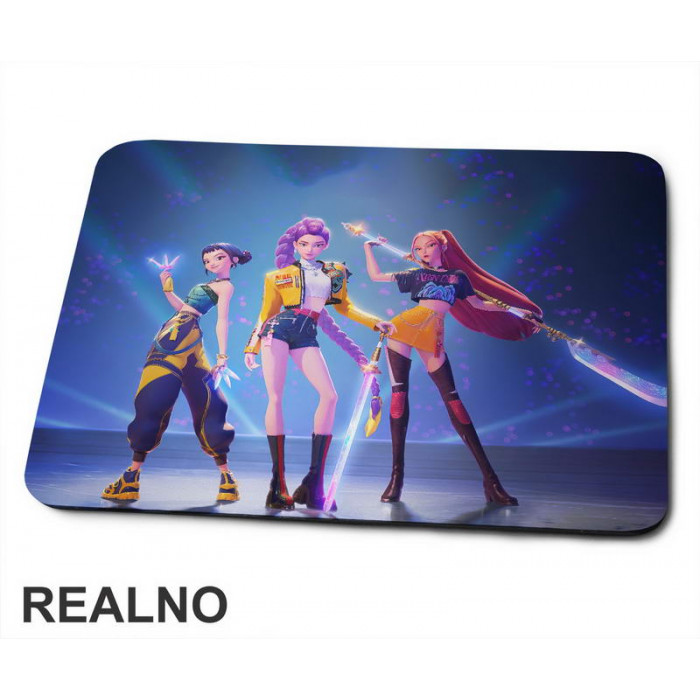 Rumi, Mira And Zoey - Weapons - Glow - Huntrix - Kpop Demon Hunters - Podloga za miš Rumi, Mira And Zoey - Weapons - Glow - Huntrix - Kpop Demon Hunters - Podloga za miš