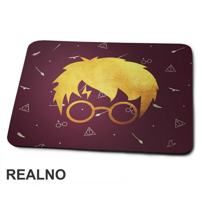 Scar And Glasses - Gold With Background Symbols - Harry Potter - Podloga za miš