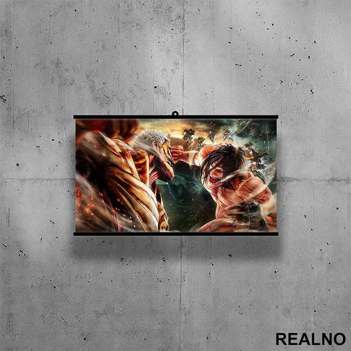 Armored Titan And Eren Yeager - Fighting - Attack On Titan - AOT - Poster sa nosačem