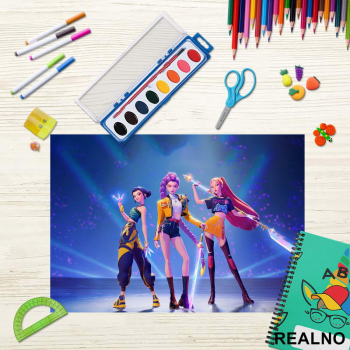 Rumi, Mira And Zoey - Weapons - Glow - Huntrix - Kpop Demon Hunters - Podmetač za sto Rumi, Mira And Zoey - Weapons - Glow - Huntrix - Kpop Demon Hunters - Podmetač za sto
